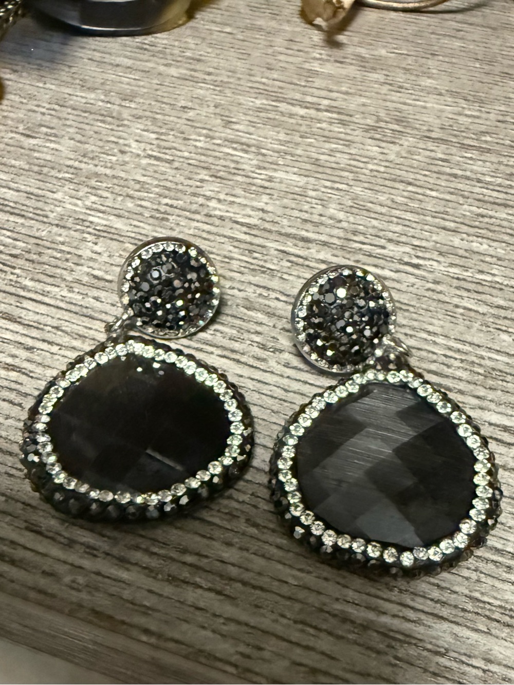 Black Crystal Drop Earrings with Clear Accent Stones - Unbranded